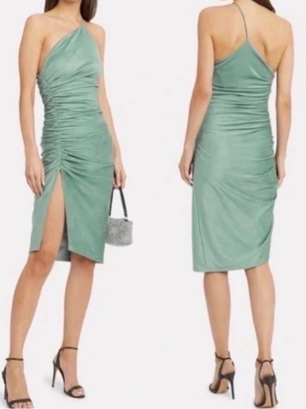 Ronny Kobo Zarba Mint Green One-Shoulder Ruched Midi Dress